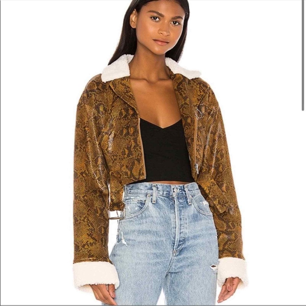 H:OURS NWT (S) Snakeskin Bomber Cropped Jacket Fur Lined Collar and Sleeves,$228
